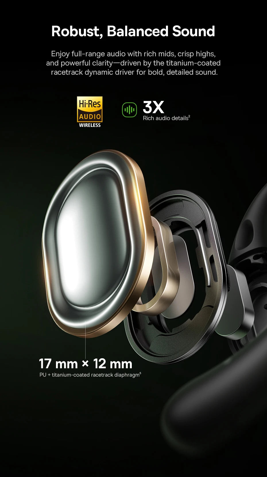 Close-up of a high-fidelity audio driver with text highlighting robust sound quality on a black background.