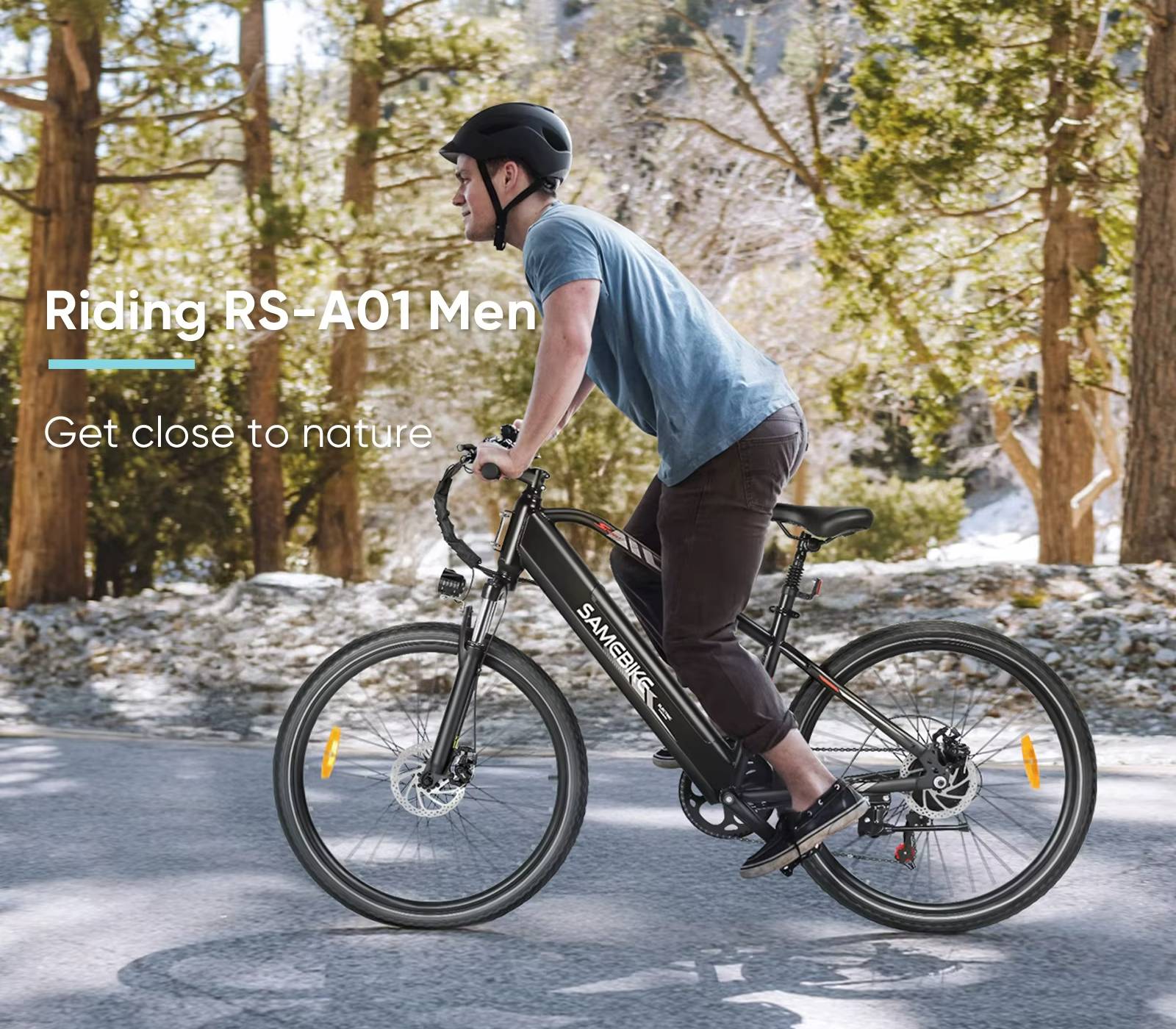 Person riding a SAMEBIKE RS-A01 MEN electric bicycle on a path with trees in the background