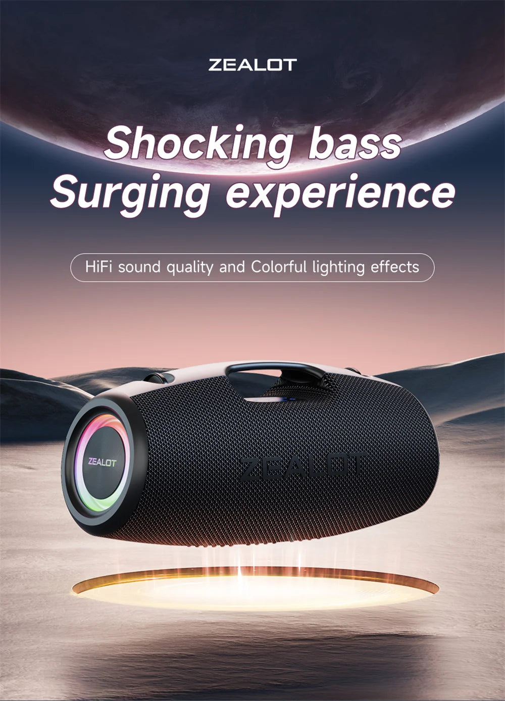 Black portable speaker with colorful lighting effects on a scenic background, featuring the brand 'ZEALOT'.
