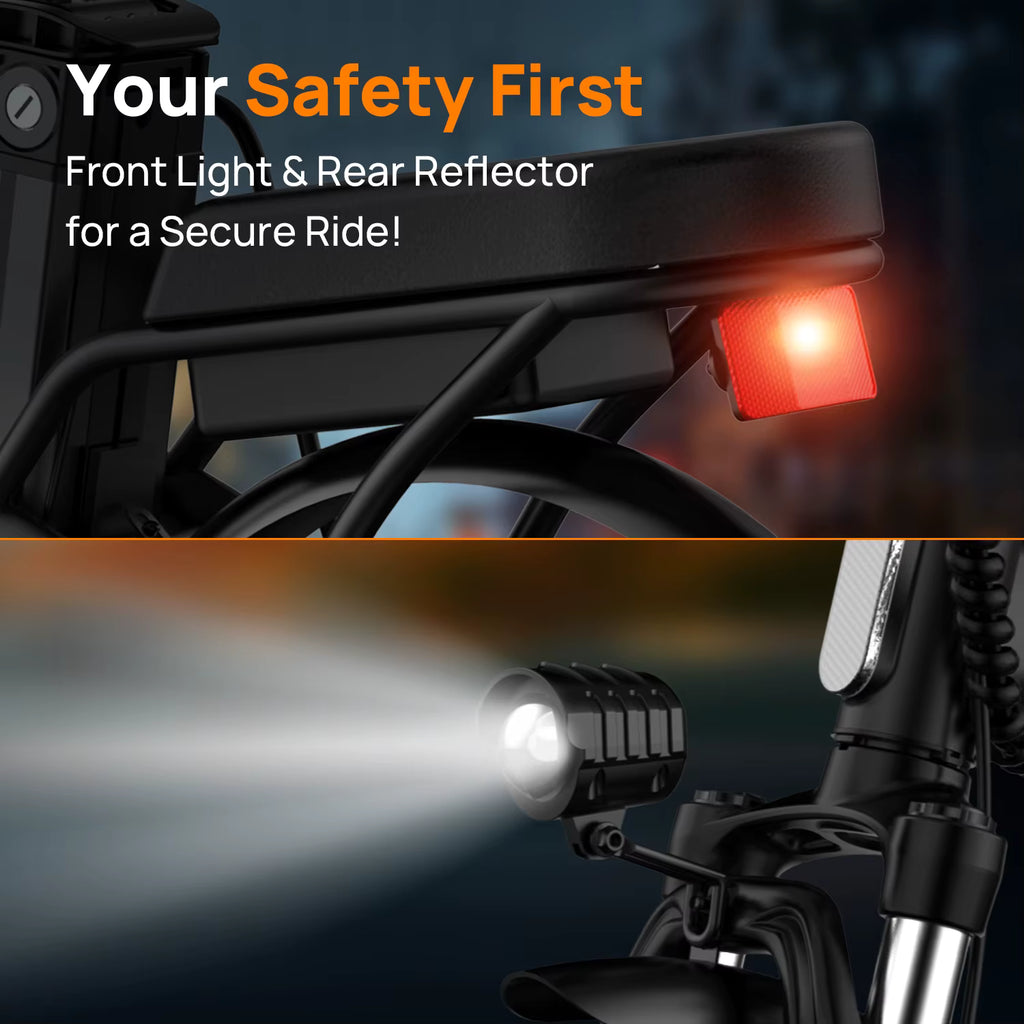 Bicycle front light and rear reflector with safety message on a dark background