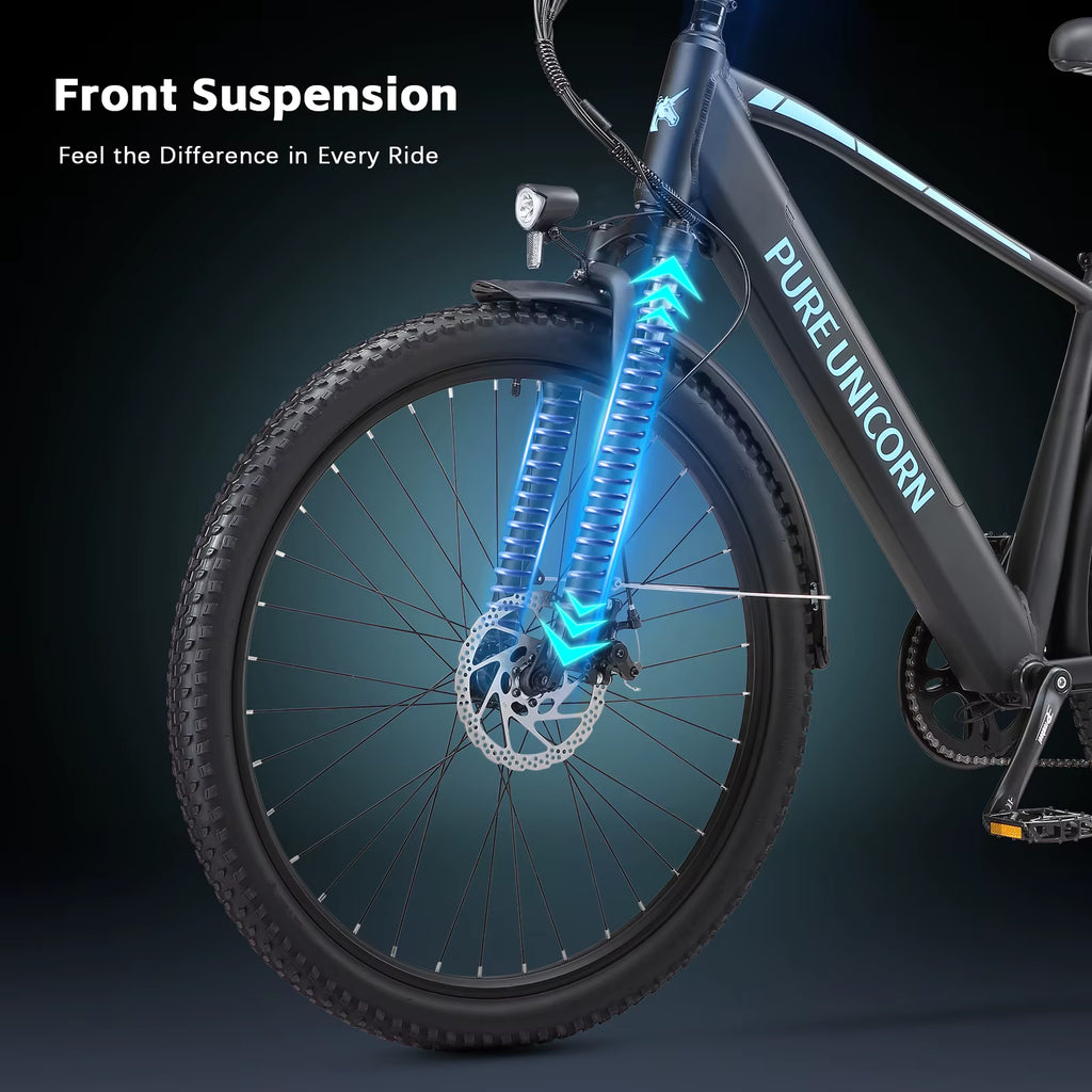 PURE UNICORN U3 e-bike Electric Bicycle with front suspension on a dark background, featuring the brand 'PURE UNICORN'.