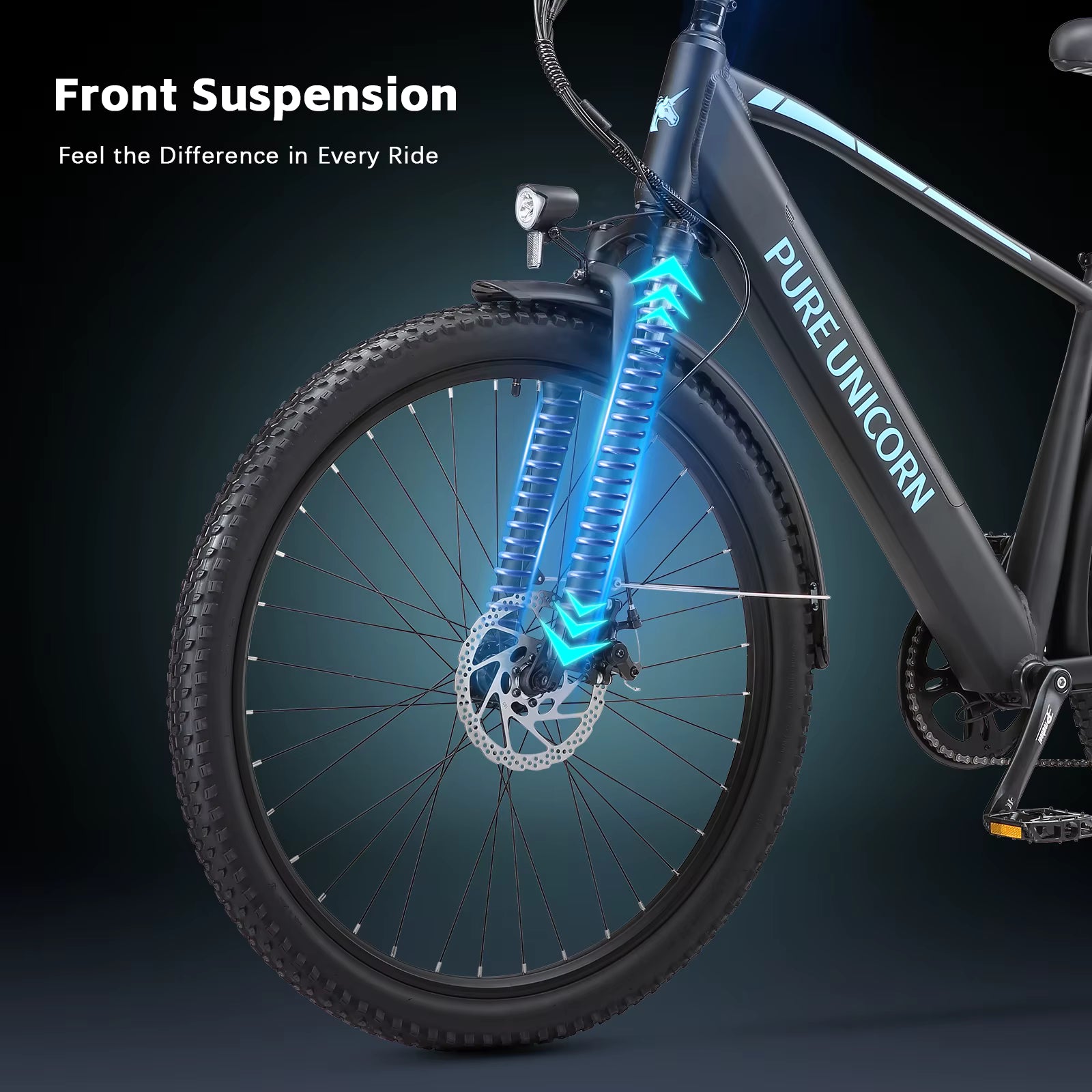 PURE UNICORN U3 e-bike Electric Bicycle with front suspension on a dark background, featuring the brand 'PURE UNICORN'.