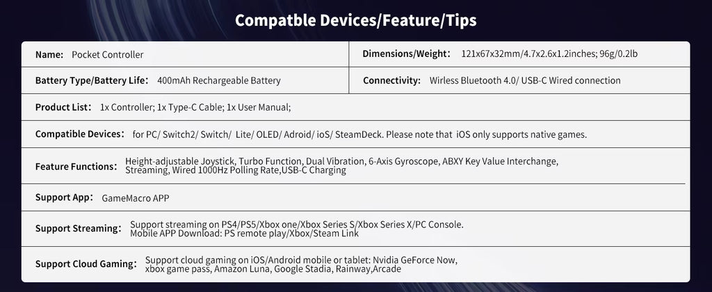 ACEGAMER Pocket Controller specification chart listing dimensions, weight, battery type, connectivity, compatible devices, and feature functions. Table highlights 400 mAh rechargeable battery, Bluetooth 4.0, USB‑C connection, 6‑axis gyroscope, turbo, dual vibration, and support for PC, Switch, Android, iOS, and SteamDeck.