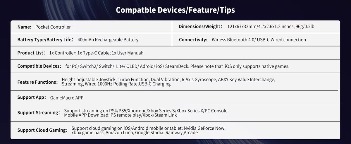 ACEGAMER Pocket Controller specification chart listing dimensions, weight, battery type, connectivity, compatible devices, and feature functions. Table highlights 400 mAh rechargeable battery, Bluetooth 4.0, USB‑C connection, 6‑axis gyroscope, turbo, dual vibration, and support for PC, Switch, Android, iOS, and SteamDeck.