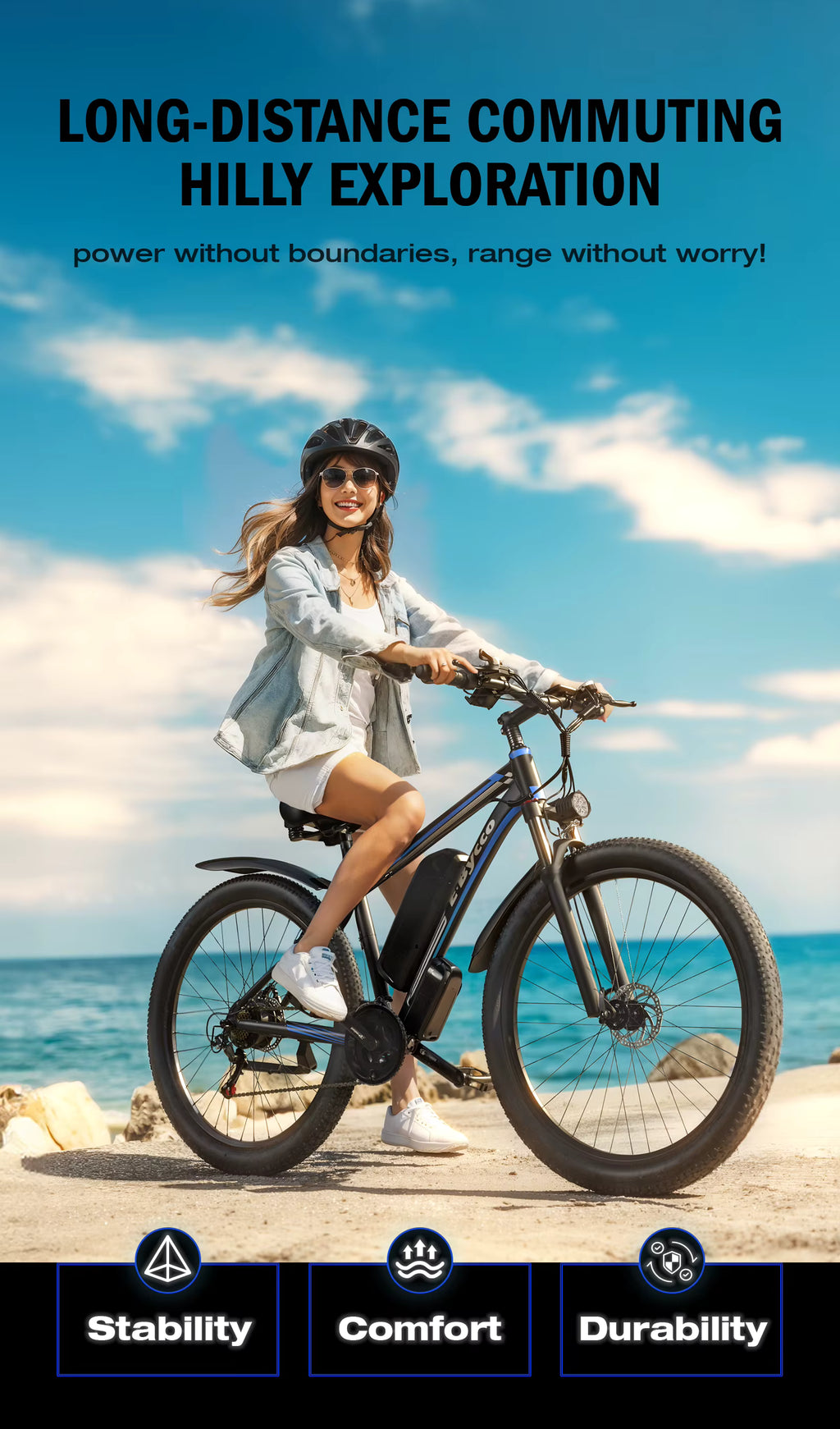 Woman riding a bicycle by the ocean with promotional text about electric bike features.