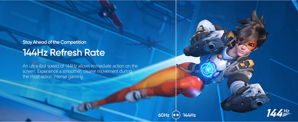 Character in futuristic gear with 144Hz refresh rate text on a blue background