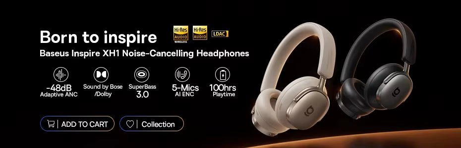 Baseus Inspire XH1 Noise-Cancelling Headphones with features listed on a black background