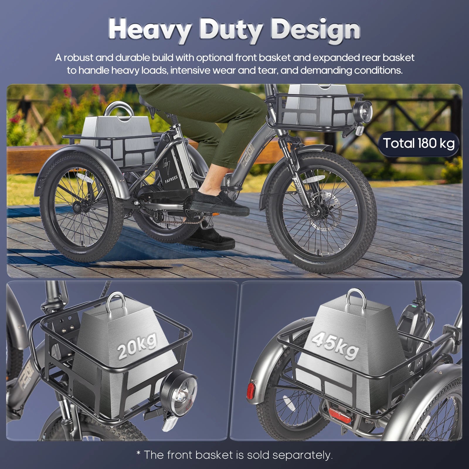 Heavy-duty electric tricycle with front and rear baskets, showcasing its capacity to handle heavy loads.