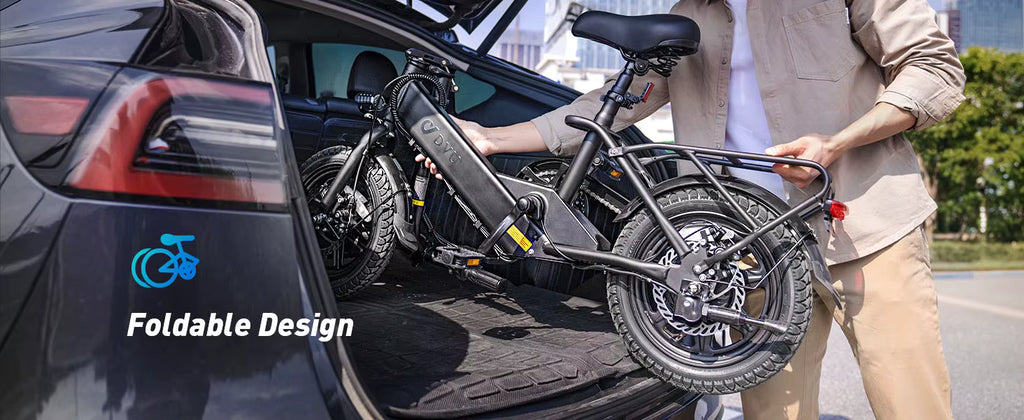 Foldable electric bike being loaded into a car trunk with a person nearby.