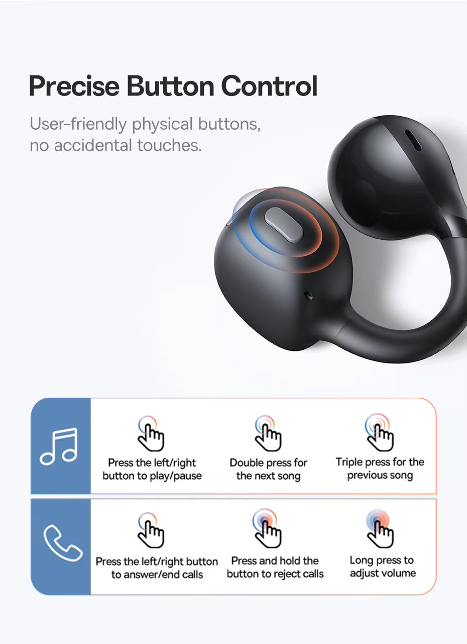 Black wireless earbuds with control buttons on a white background