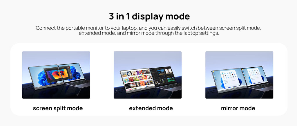 Three display modes of a portable monitor connected to a laptop on a white background.