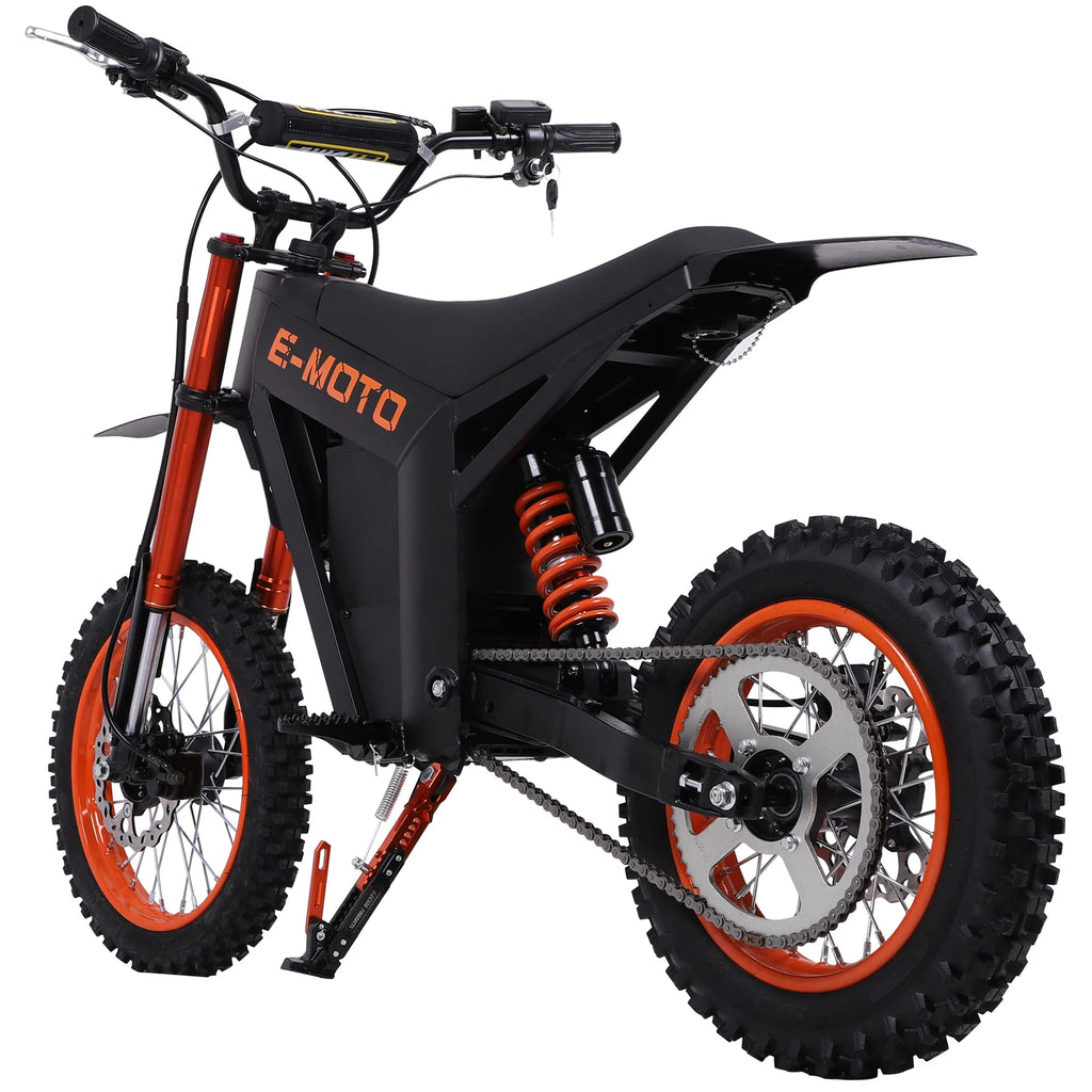 Black and orange electric mountain bike with 'E-Moto' branding on a white background