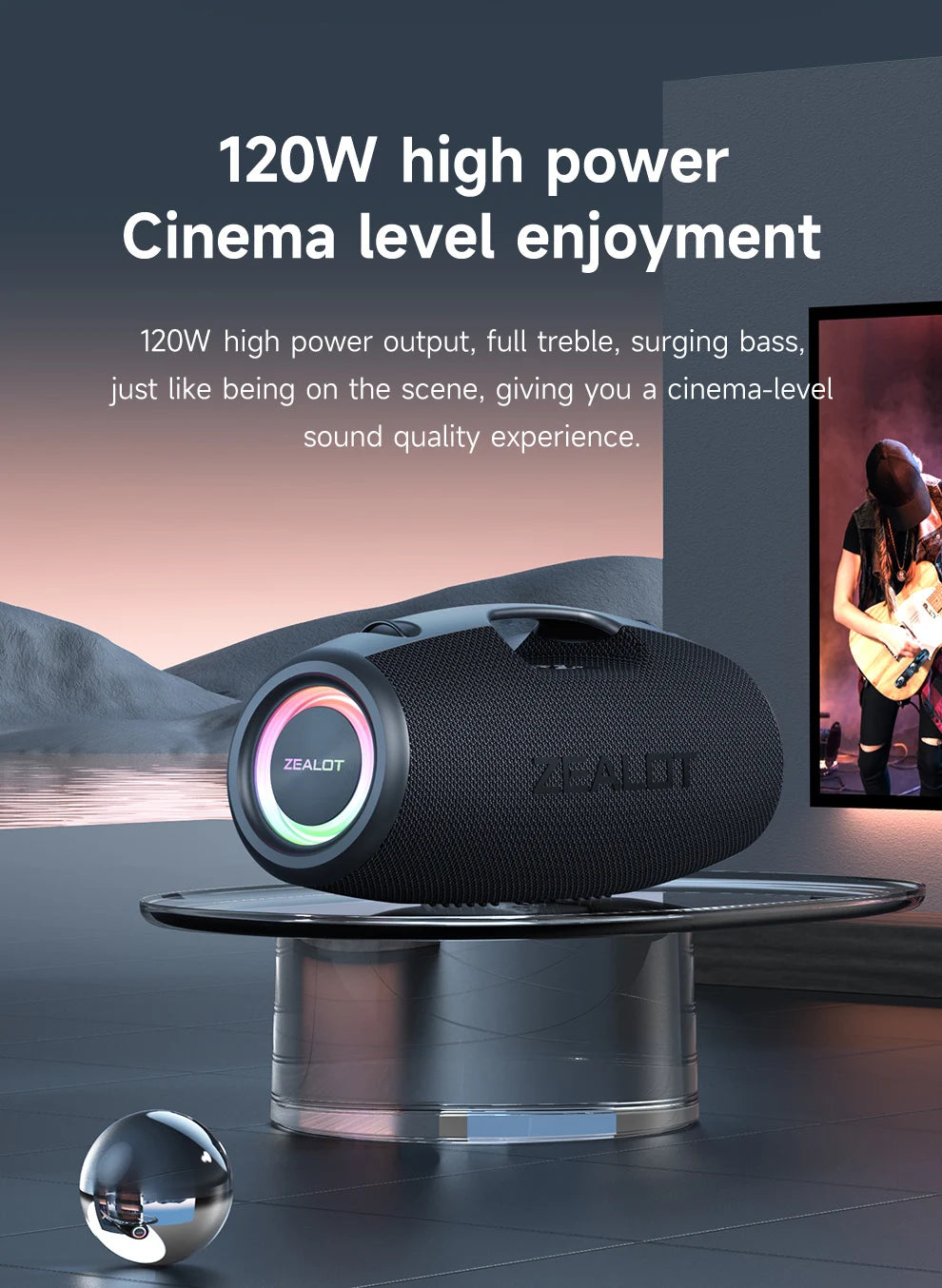 Black portable speaker with 'Zealot' branding on a stand, with text about high power output and cinema-level sound quality.