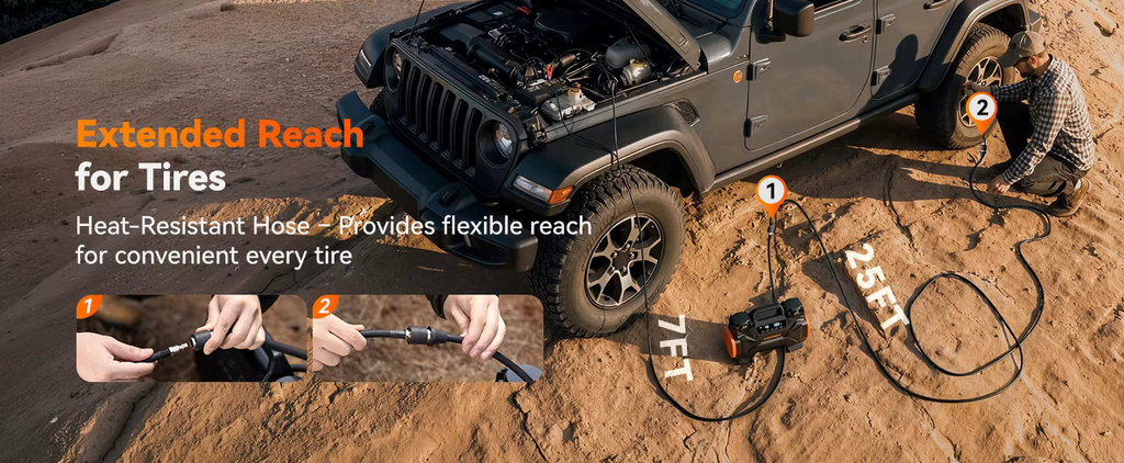Close-up inflation graphic of the WOLFBOX 60D hose connected to a rugged off-road tire valve