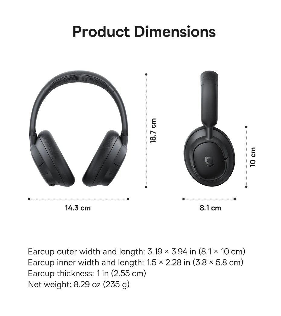 Black headphones with dimensions displayed on a white background