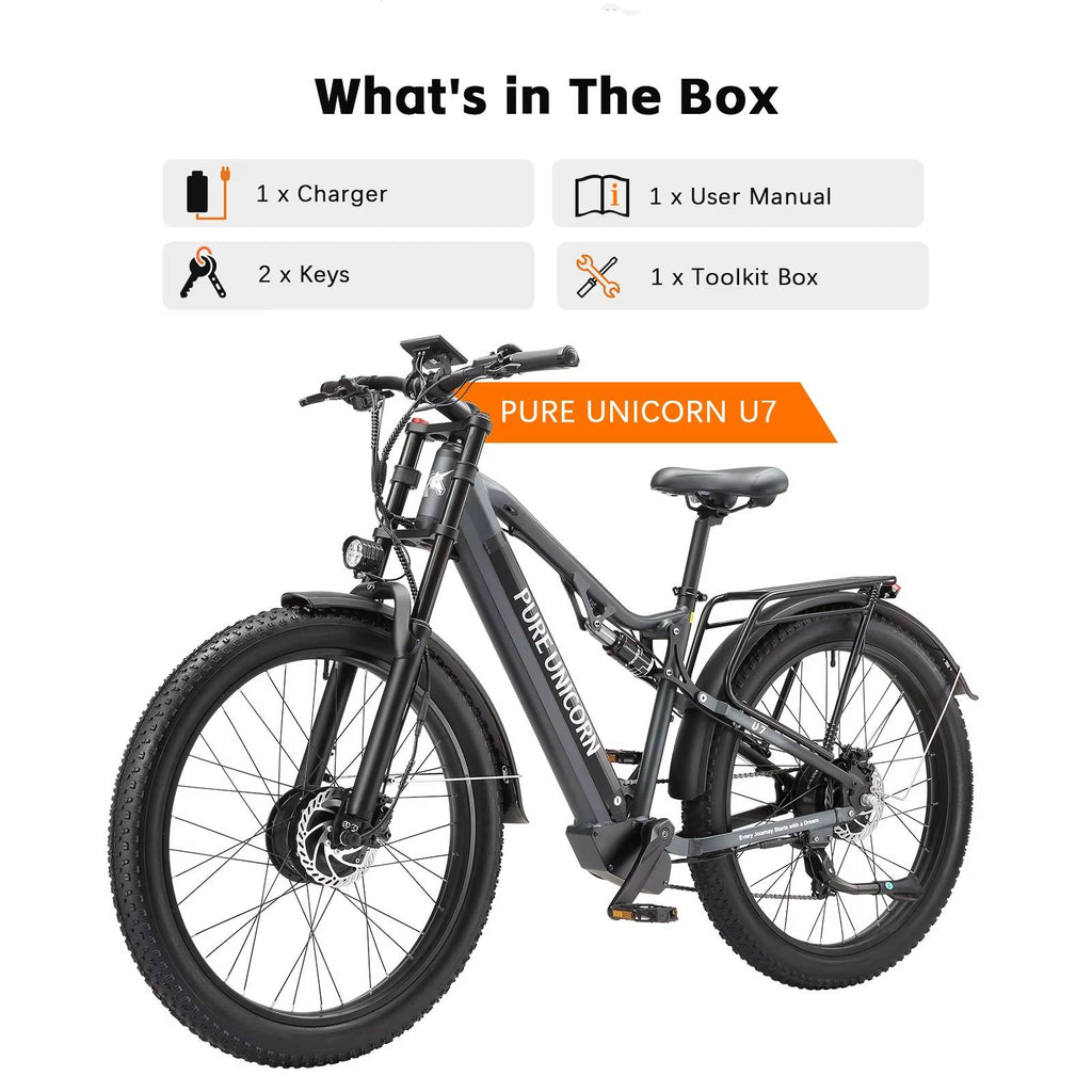 PURE UNICORN U7 Electric bike with 'PURE UNICORN U7' branding and list of included items on a white background.
