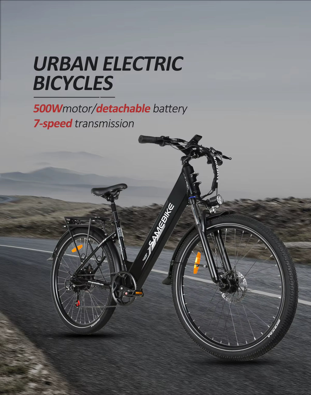 SAMEBIKE RS‑A01 PRO‑T Electric bicycle on a road with a mountainous background, featuring text about its specifications.