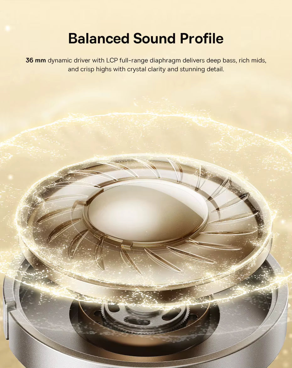 Speaker driver with text about balanced sound profile on a beige background
