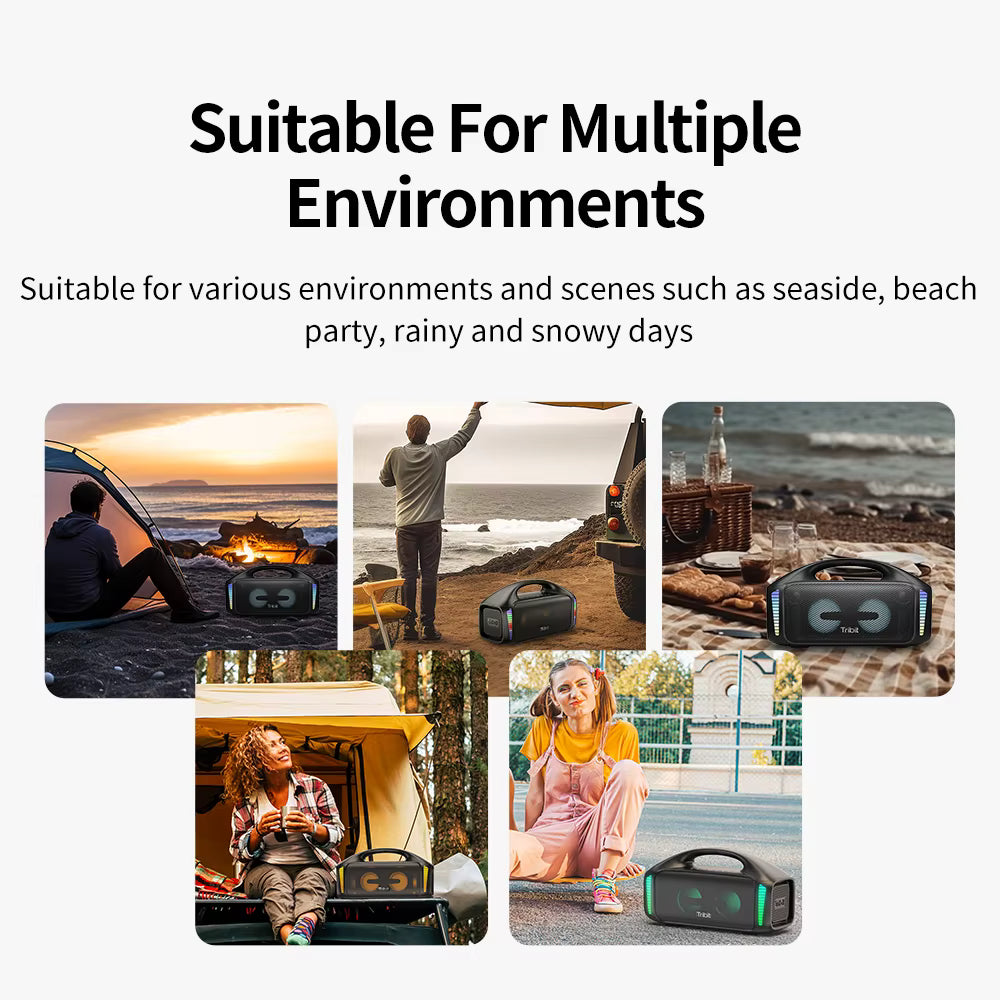 Collage of people using a portable Tribit StormBox Blast speaker in various settings with text 'Suitable For Multiple Environments'.