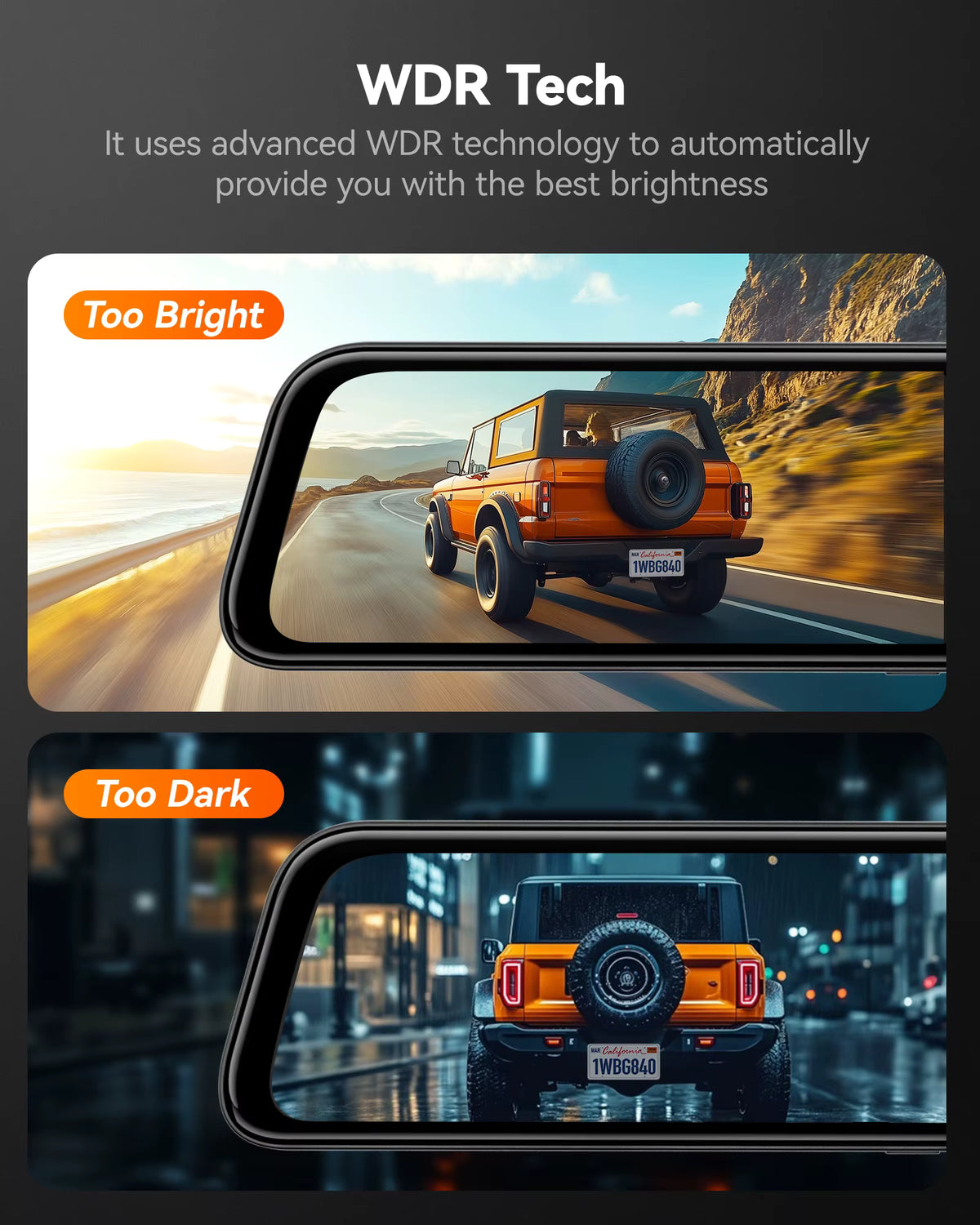Wolfbox G840S WDR technology high-contrast dynamic lighting correction