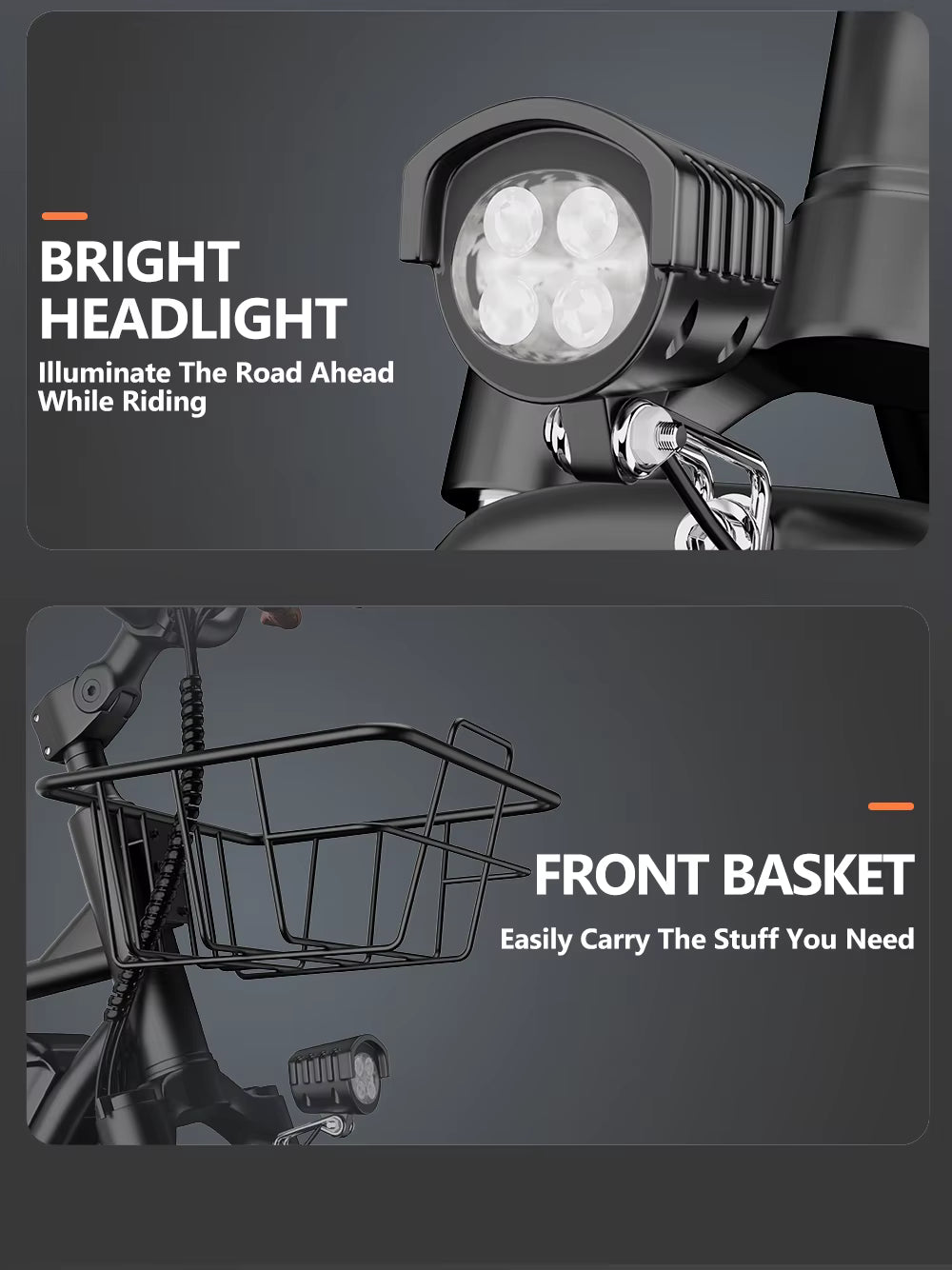 Bicycle headlight and front basket with text on a dark background