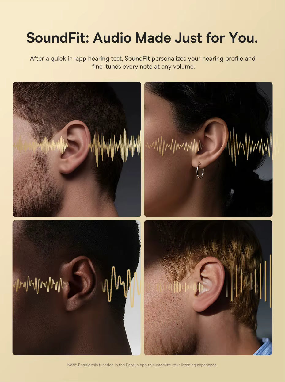 Four close‑up side views of different people’s ears with golden sound wave overlays, illustrating Baseus SoundFit personalized audio technology and the text “SoundFit: Audio Made Just for You,” representing adaptive hearing calibration through the Baseus app.
