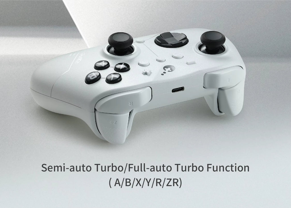 GuliKit ES Controller in white finish highlighting semi‑auto and full‑auto turbo function. Text reads “Semi‑auto Turbo/Full‑auto Turbo Function (A/B/X/Y/R/ZR).” Controller shown with dual joysticks, ABXY buttons, and trigger buttons, emphasizing rapid‑fire capability for enhanced gaming performance.