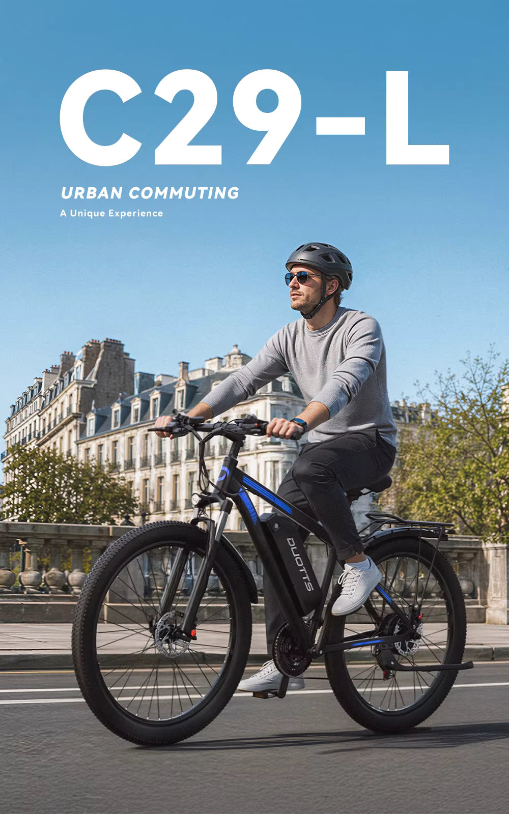 Man riding an electric bike with 'C29-L' branding against a cityscape background