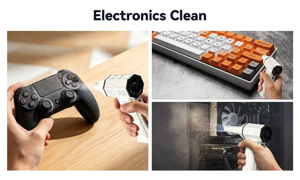 WOLFBOX DF50 electric air duster cleaning a gaming controller, mechanical keyboard, and PC desktop tower fans   