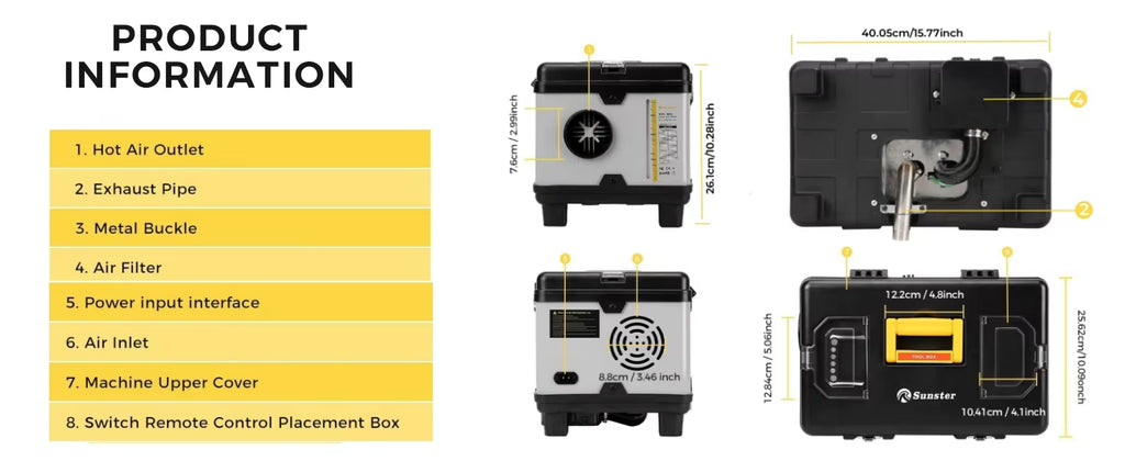 Sunster 8KW Portable Diesel Heater complete product information and parts breakdown