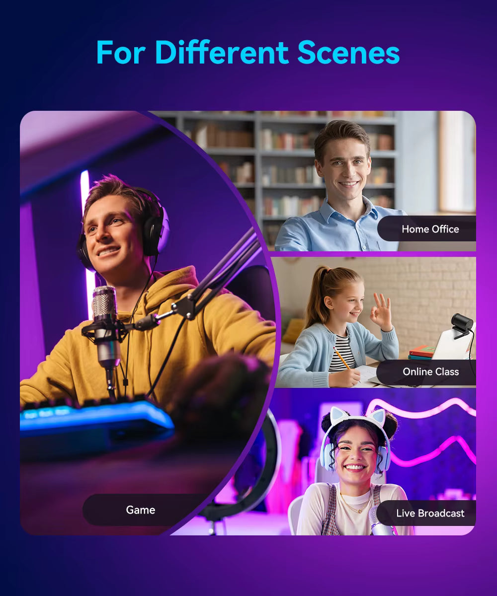Collage of people in various settings with text 'For Different Scenes' on a purple background.