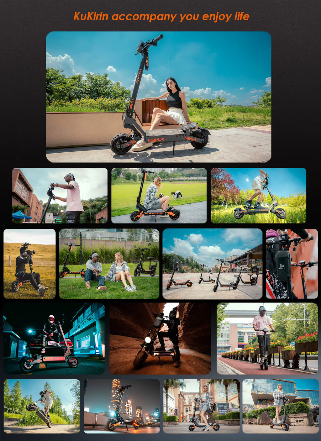 Collage of people using electric scooters in various settings with promotional text.