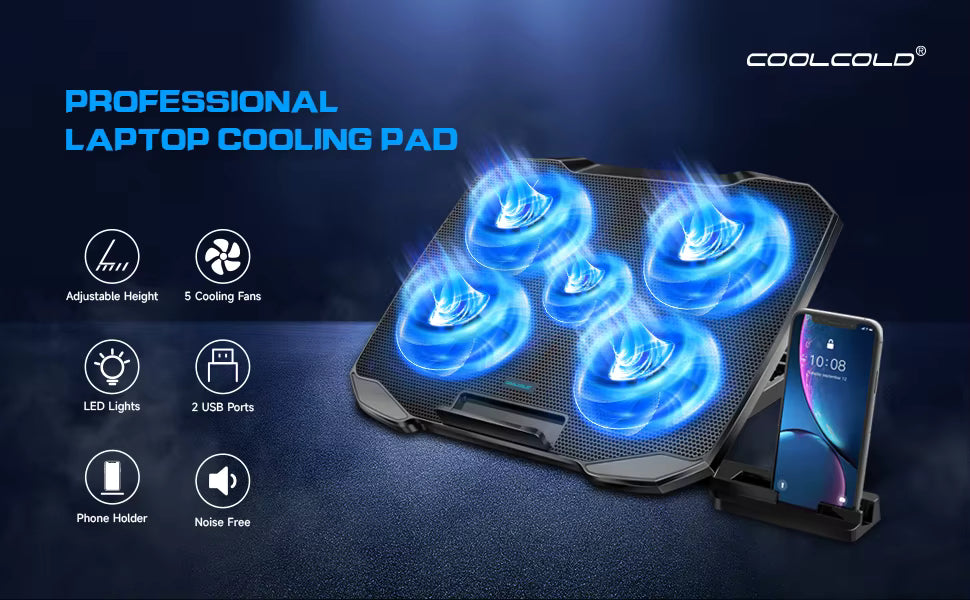 COOLCOLD F2PLUS Pro professional laptop cooling pad feature summary graphic