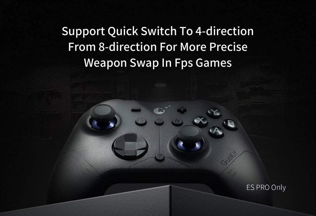 GuliKit ES Pro Controller in matte black finish highlighting quick‑switch D‑pad feature. Promotional graphic text reads “Support Quick Switch to 4‑direction from 8‑direction for more precise weapon swap in FPS games – ES Pro Only.” Controller shown with illuminated joystick rings and ABXY buttons on a dark background.