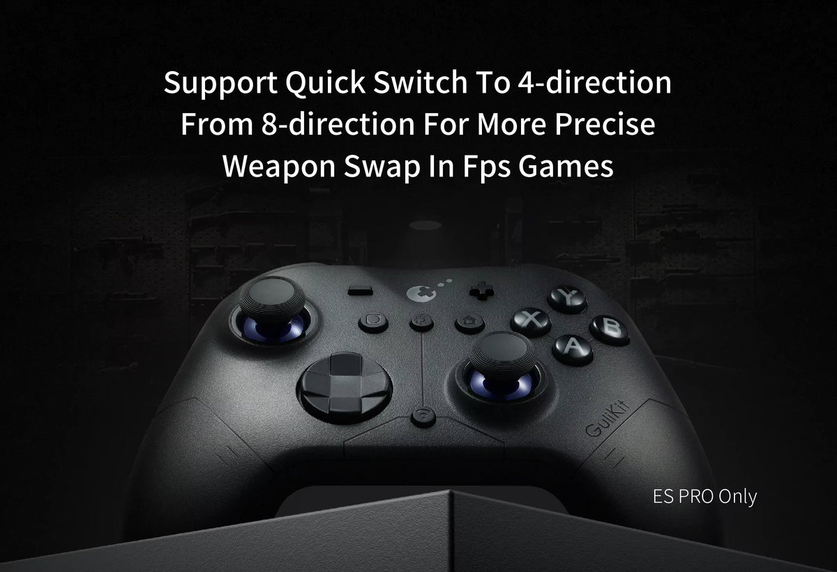 GuliKit ES Pro Controller in matte black finish highlighting quick‑switch D‑pad feature. Promotional graphic text reads “Support Quick Switch to 4‑direction from 8‑direction for more precise weapon swap in FPS games – ES Pro Only.” Controller shown with illuminated joystick rings and ABXY buttons on a dark background.