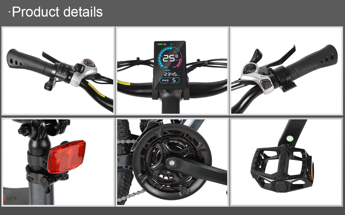 Grid of product details for a bicycle, including handlebars, digital display, brake lever, rear light, gear system, and pedal.