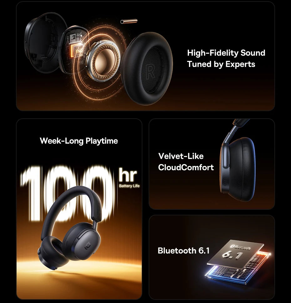 Headphones with features highlighted on a dark background