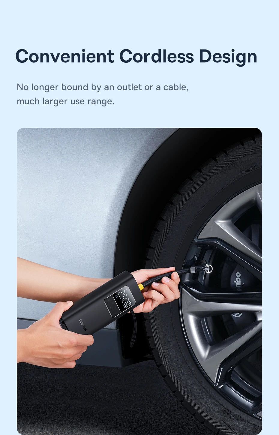 Person using a cordless tool on a car tire with text about convenient cordless design.