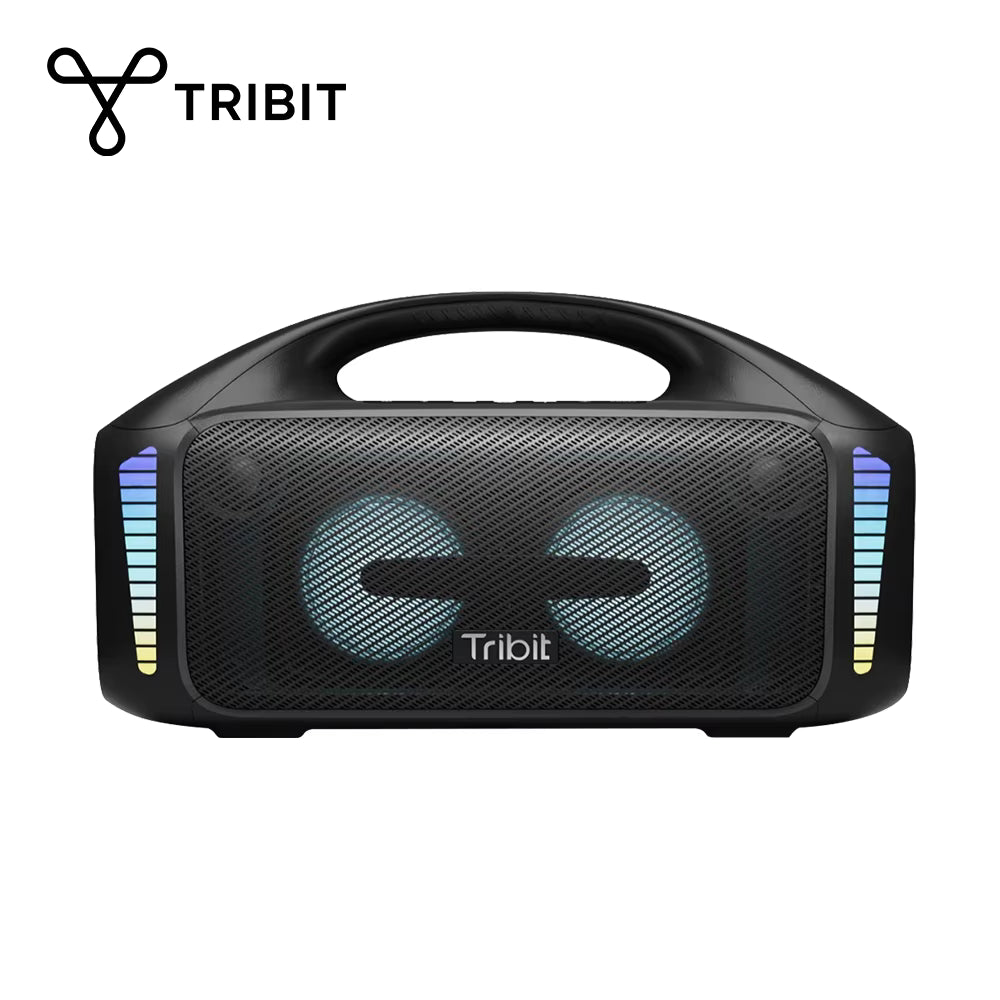 Tribit StormBox Blast 90W outdoor wireless Bluetooth speaker in black, featuring dual illuminated circular drivers with blue and purple LED accent lighting on the side panels and an integrated top carrying handle.