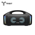 Tribit StormBox Blast 90W outdoor wireless Bluetooth speaker in black, featuring dual illuminated circular drivers with blue and purple LED accent lighting on the side panels and an integrated top carrying handle.