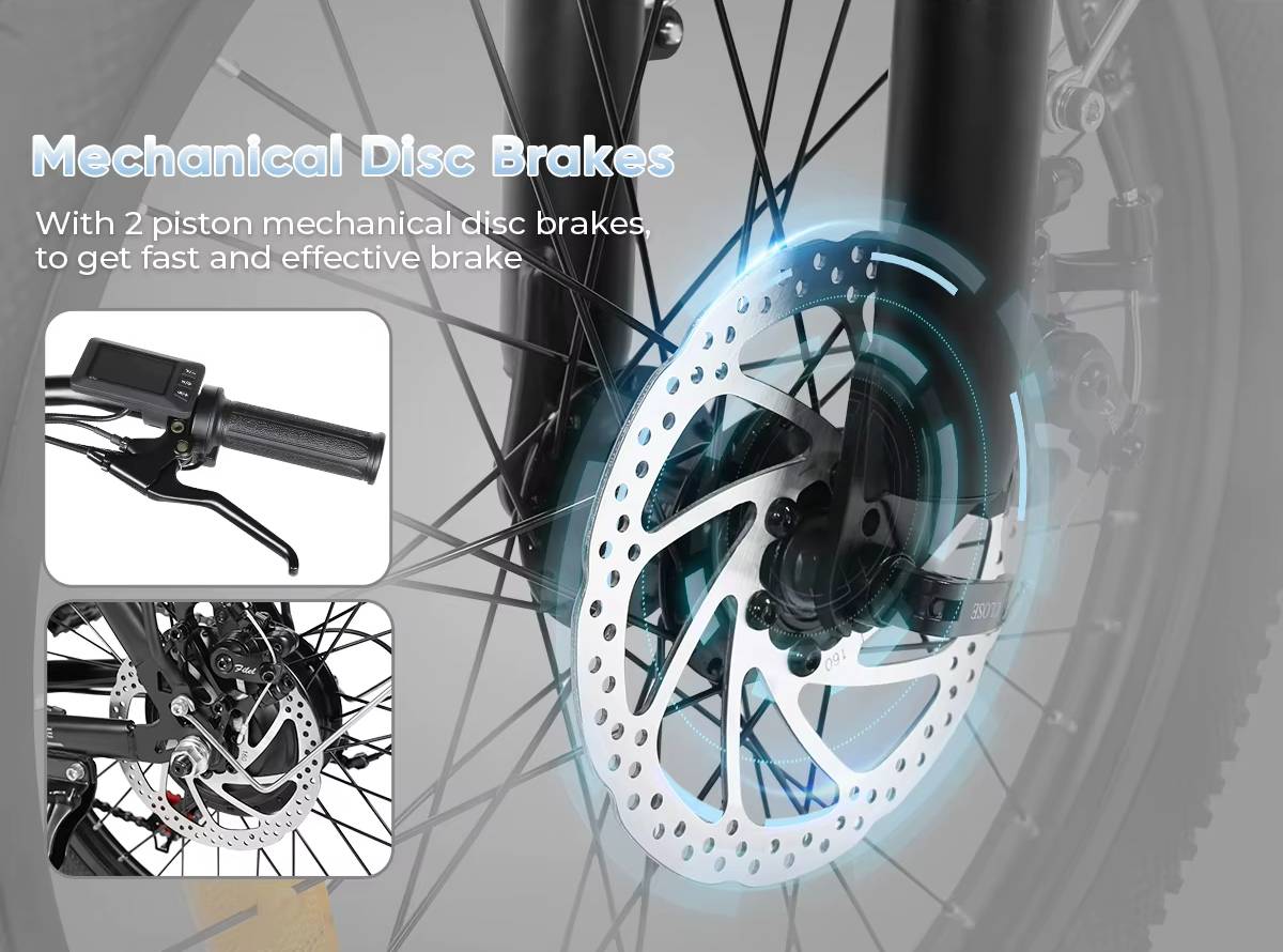 Close-up of a SAMEBIKE CY20 electric bicycle wheel with mechanical disc brakes and text highlighting their features.