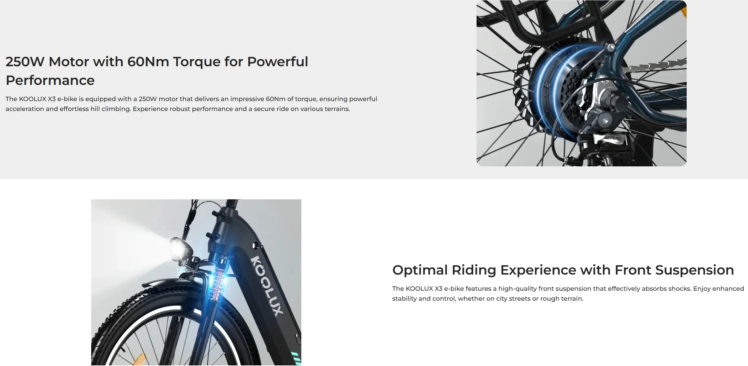 E-bike with text about motor power and front suspension on a white background