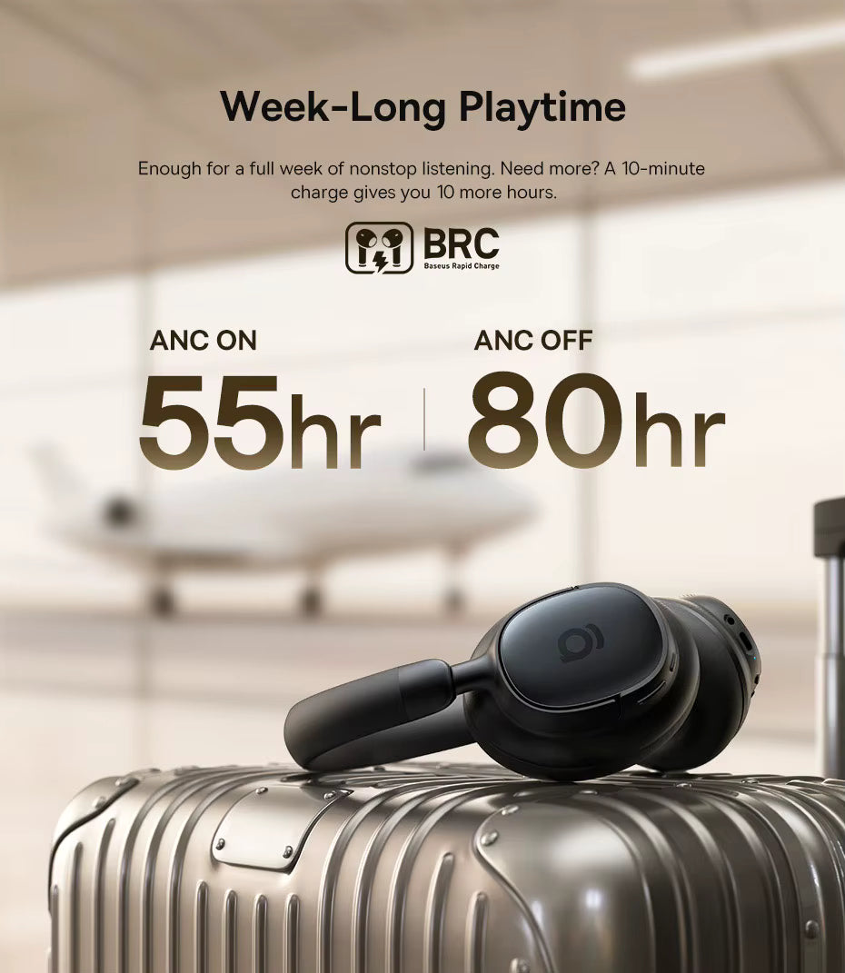 Baseus Bowie MH1 headphones resting on a metallic suitcase in an airport terminal with a blurred airplane in the background, featuring the text “Week‑Long Playtime,” “ANC ON 55hr,” “ANC OFF 80hr,” and “BRC Beats Rapid Charge,” highlighting extended battery life and fast‑charging performance for travel use.