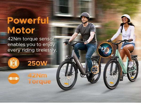 Two people riding electric bikes with product features highlighted on a blurred street background.