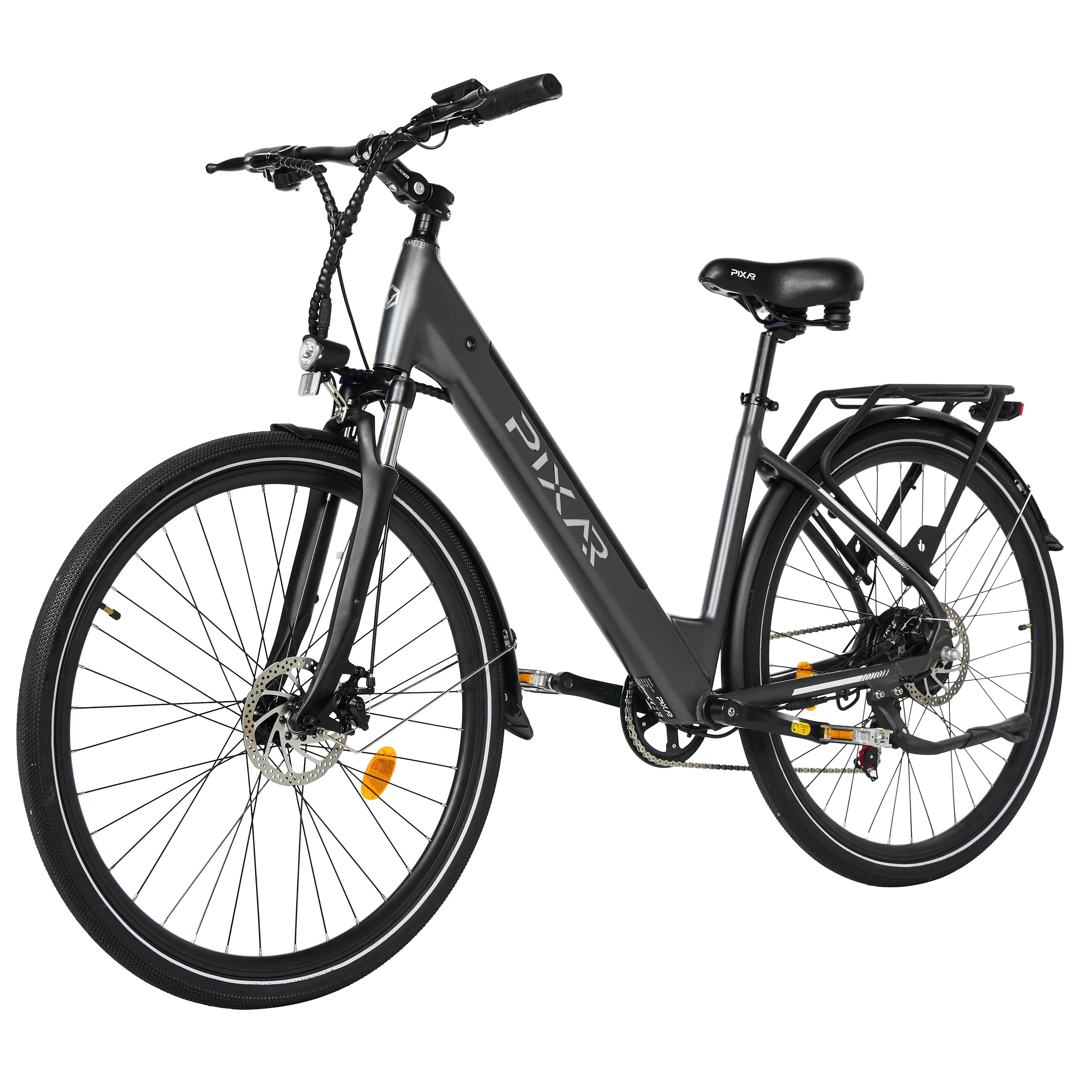 PIXAR C1 Electric City E-Bike Grey electric bicycle on a white background electric bicycle with 'PIXAR' branding on a white background