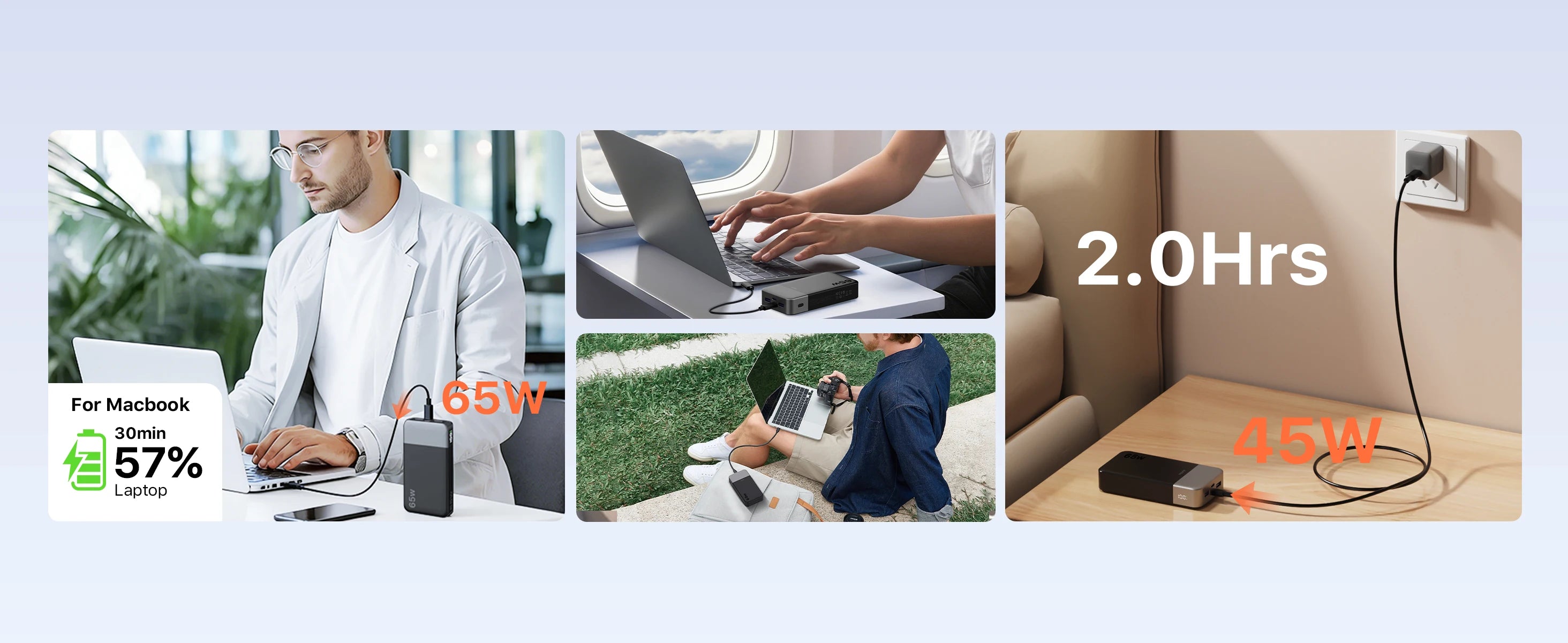 A promotional collage showing a portable power station in use in three lifestyle scenes: a man working on a laptop at a desk, hands plugging it into a laptop near a window, and the power station charging a laptop on a bedside table. Text overlays include '2.