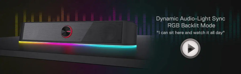 Soundbar with RGB lighting effects on a dark background