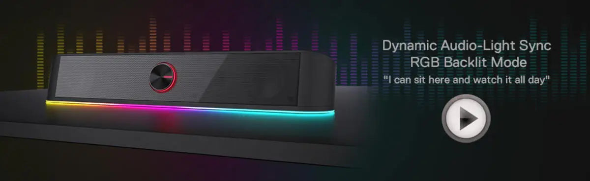 Soundbar with RGB lighting effects on a dark background