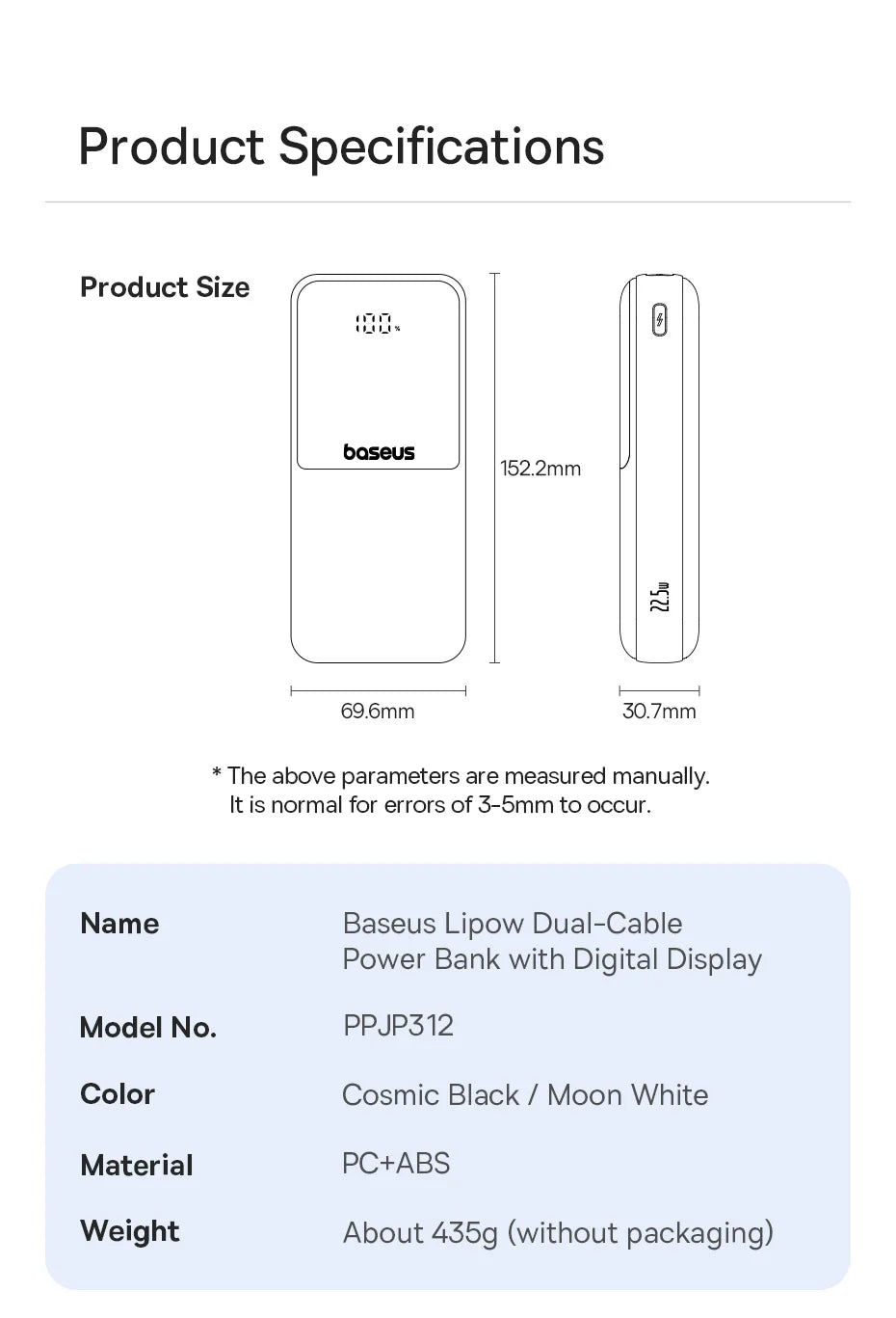 Product specifications for Baseus Lipow Dual-Cable Power Bank with Digital Display, including dimensions and weight.