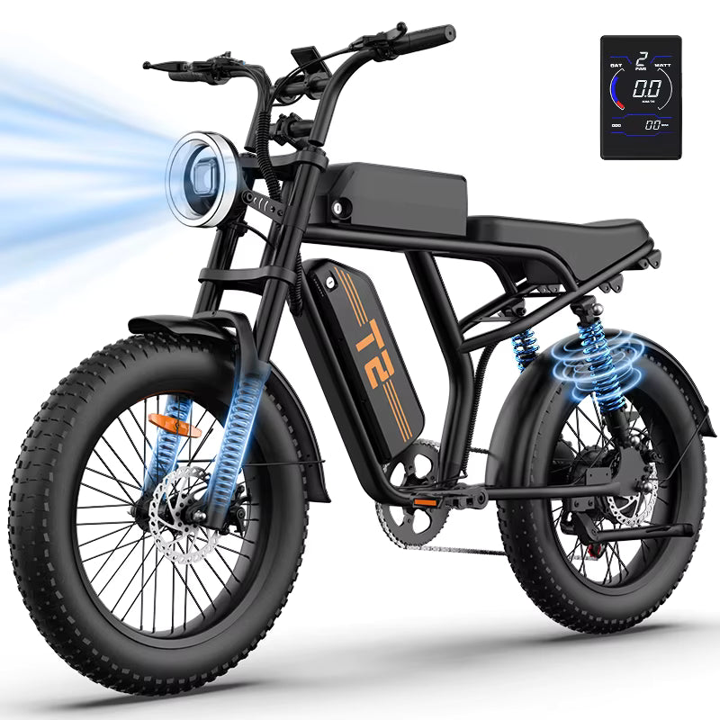 Black  URLIFE T2 electric bike with suspension and digital display on a white background